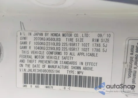 2011 Honda Cr-V Ex from USA, damaged, VIN JHLRE3H59BC005194